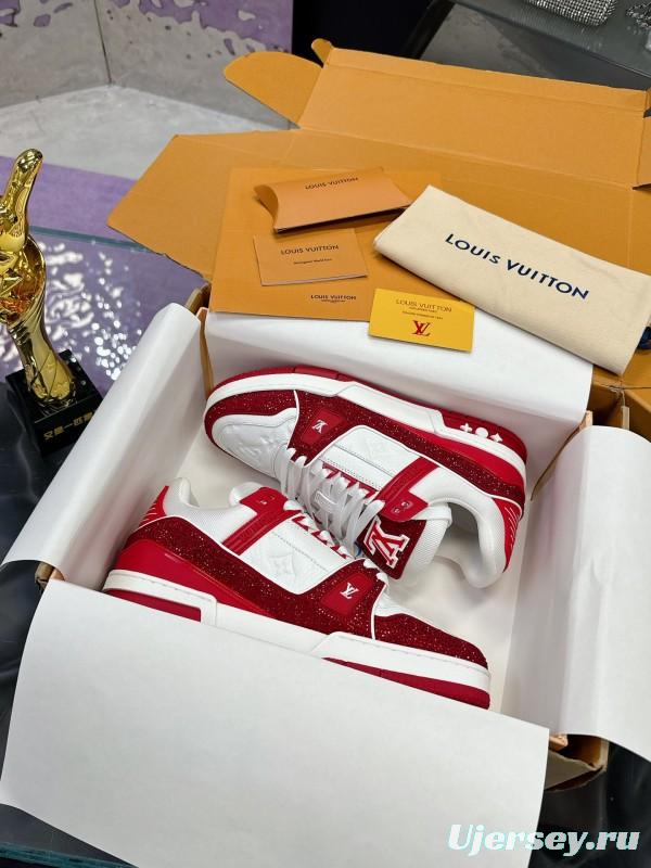 2025 Unisex Louis Vuitton Red White Leather Fabric Plimsolls Handmade Rhinestone AS00400