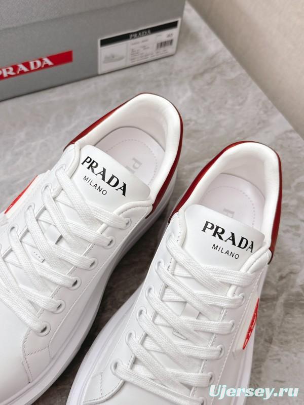 2025 Unisex Prada White Red Calf Leather Sneakers KFY00290