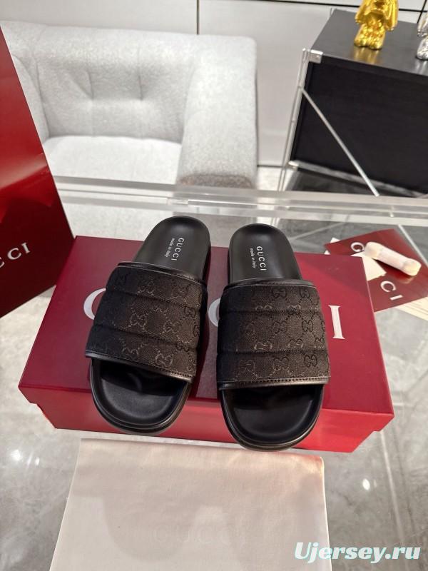 2025 Unisex Gucci Black Fabric Slippers GG Embossed AS00240