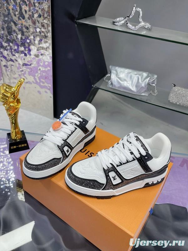 2025 Unisex Louis Vuitton White Black Leather Fabric Plimsolls Handcrafted Rhinestones AS00400