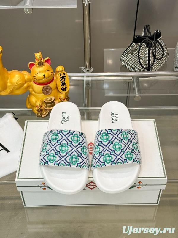 2025 Men CASA BLANCA White Green Blue Embroidered Leather Slippers KFY00160