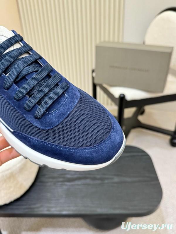 2025 Men Brunello Cucinelli Navy White Brown Calfskin Leather Sneakers AS00320