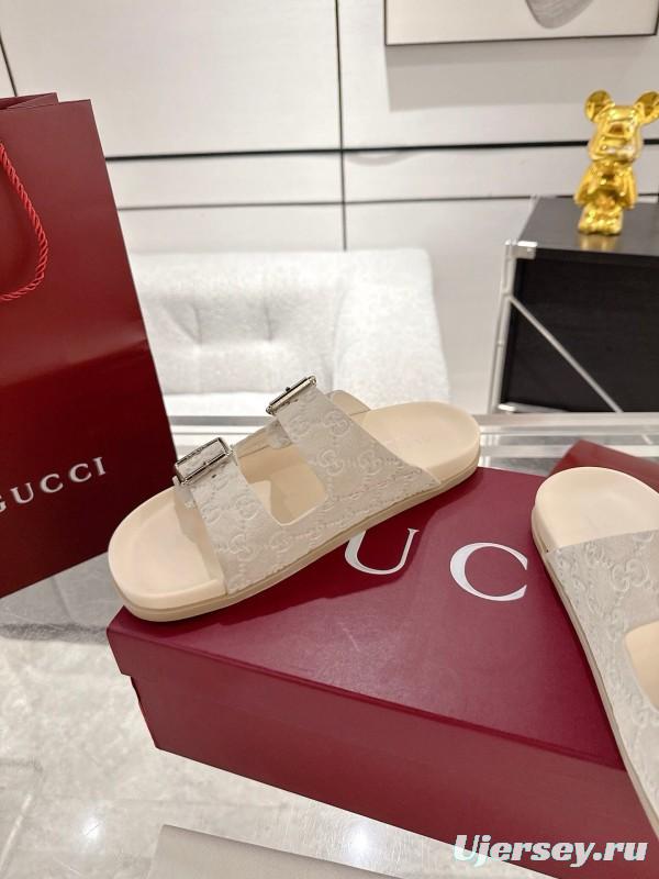 2025 Women Gucci White Leather Slippers Double G Embossed AS00240