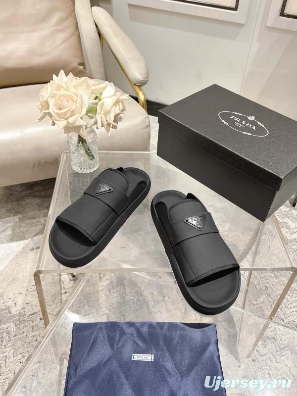 2025 Men Prada Black Leather Slippers KFY00220