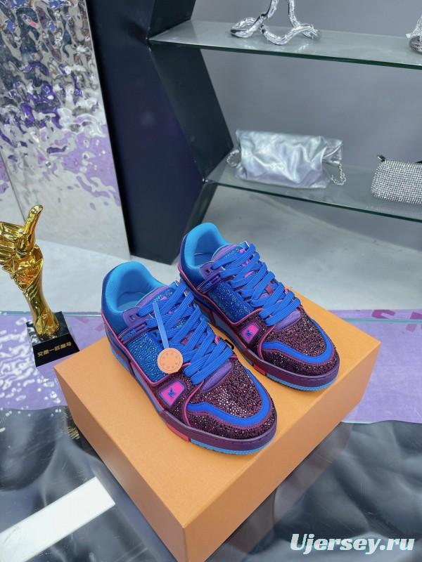 2025 Women Louis Vuitton Blue Purple Leather Fabric Plimsolls Handcrafted Rhinestones AS00400