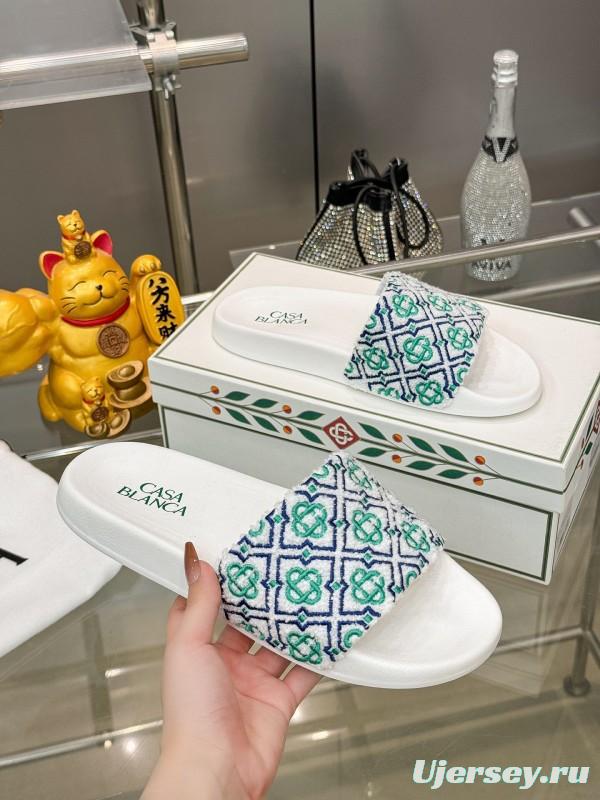 2025 Men CASA BLANCA White Green Blue Embroidered Leather Slippers KFY00160