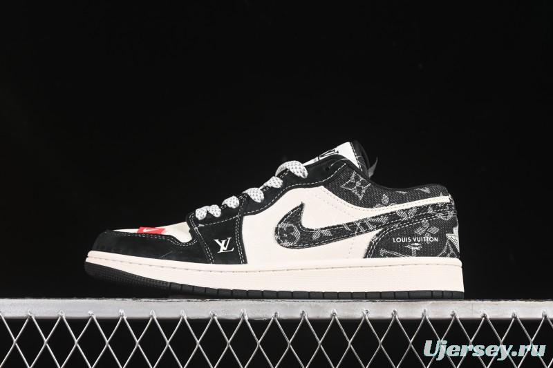 Nike Air Jordan 1 Low AJ1 LV Collaboration Black Fabric Red Label High-End Custom Low-Top Retro Basketball Shoes - YX5066-369