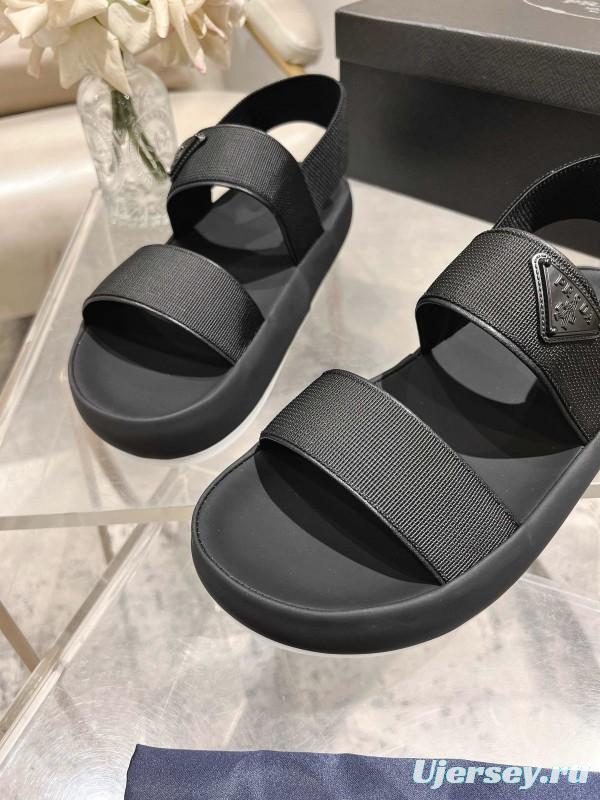 2025 Men Prada Black Leather Sandals KFY00220