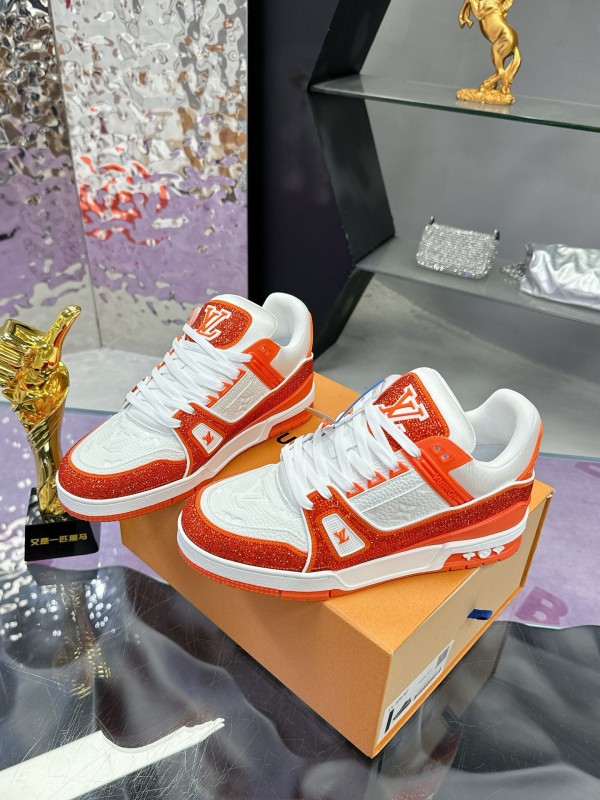2025 Unisex Louis Vuitton Orange White Leather Plimsolls Handcrafted Rhinestones AS00400