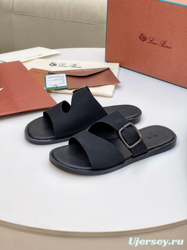 2025 Men Loro Piana Black Leather Slippers Buckle AS00250