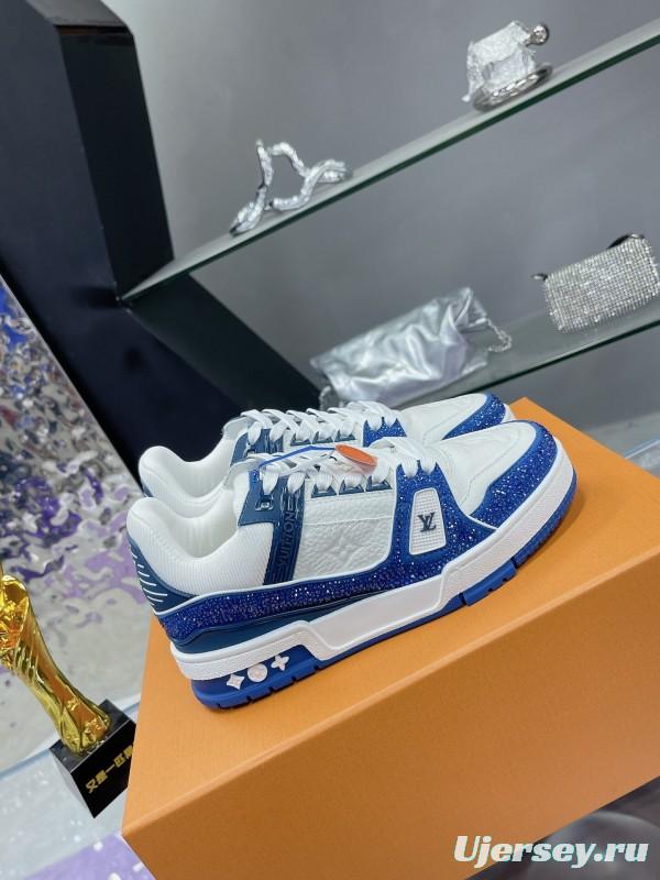 2025 Unisex Louis Vuitton Blue White Leather Plimsolls Handcrafted Beaded AS00400