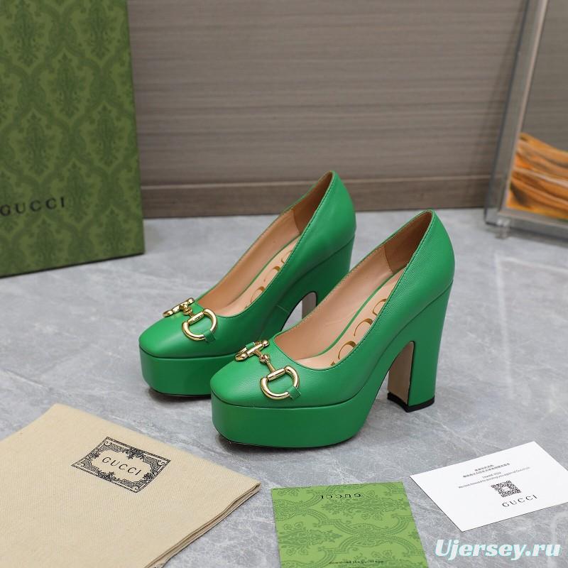 2025 Women Gucci Green Leather Platform Pumps KFY00320
