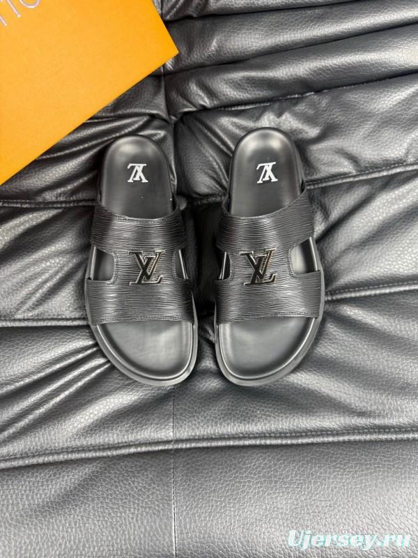 2025 Men Louis Vuitton Black Leather Slippers AS00170