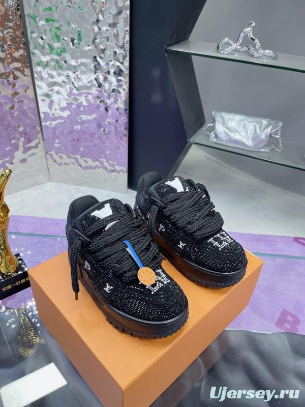 2025 Women Louis Vuitton Black Crystal Trainer Leather Plimsolls Bing Bing AS00420
