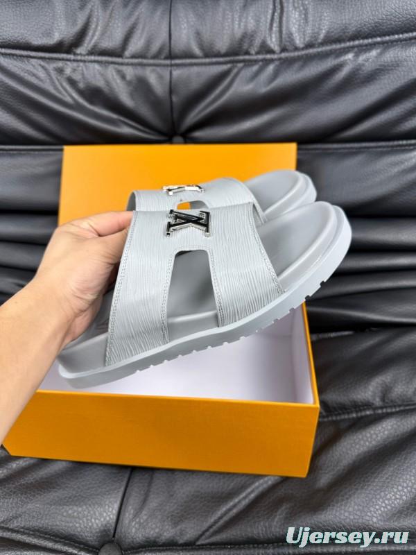 2025 Men Louis Vuitton White Leather Slippers AS00170