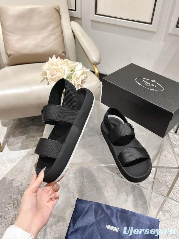 2025 Men Prada Black Leather Sandals KFY00220
