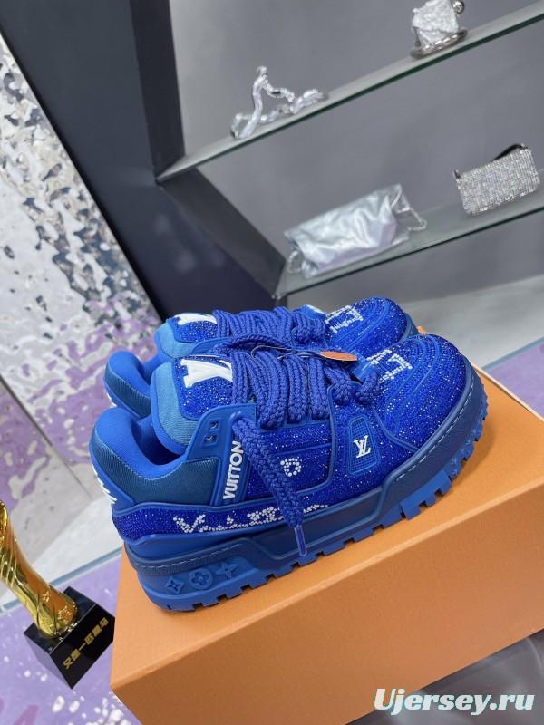 2025 Women Louis Vuitton Blue Crystal Trainer Original Custom Bing Bing Luxury Crystal Rhinestone High Temperature Hot Pressing TPU Sole AS00420