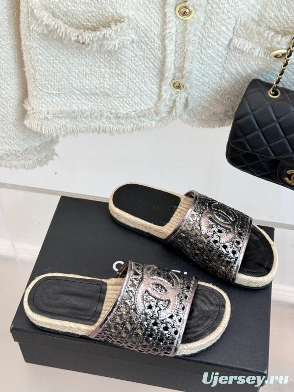 2025 Women Chanel Black Metallic Leather Slippers Hollow Weave KFY00240
