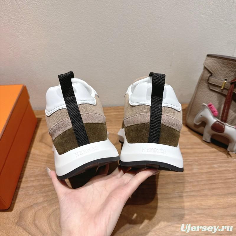 2025 Unisex HERMES White Beige Khaki Fabric Leather Sneakers AS00400