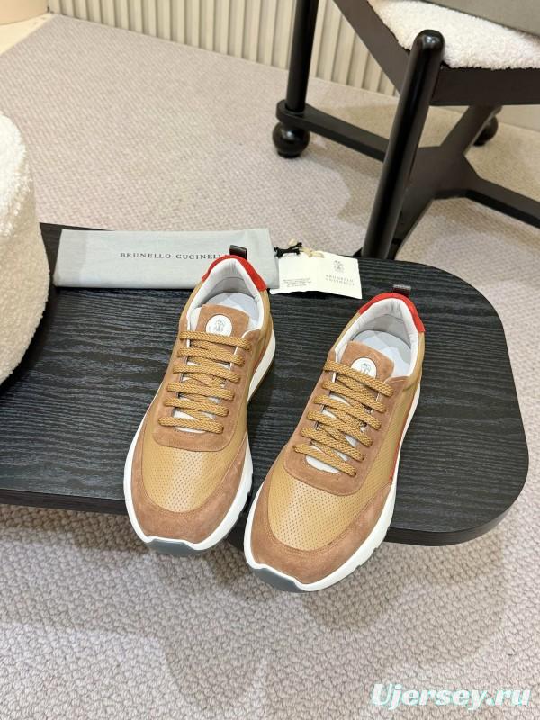 2025 Unisex Brunello Cucinelli Beige Brown Red Calfskin Mesh Sneakers AS00320