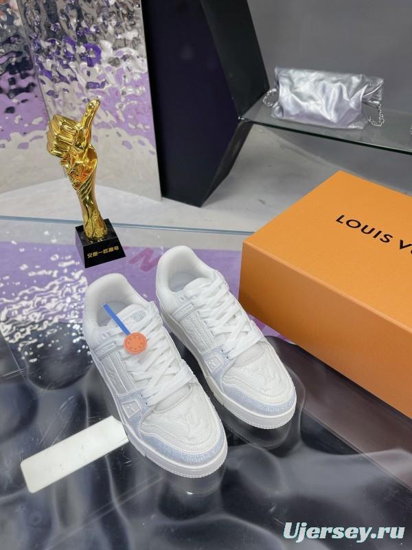 2025 Unisex Louis Vuitton White Leather Denim Trainers With Beads AS00400