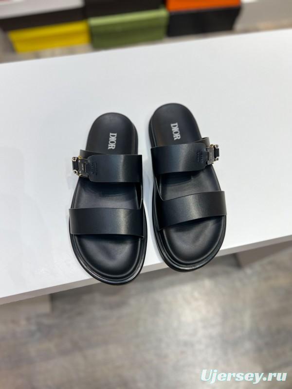 2025 Men Dior Black Leather Slippers Metal CD Diamond AS00190
