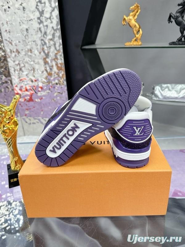2025 Unisex Louis Vuitton White Purple Leather Denim Plimsolls Handmade Beaded AS00400