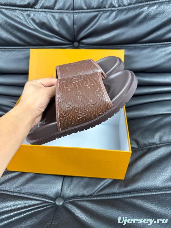 2025 Men Louis Vuitton Brown Leather Slippers AS00170