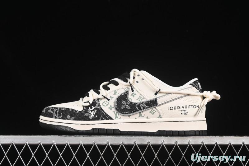 Nike SB Dunk Low LV Collaboration Strap Weave Black White Swoosh Anniversary Custom Low-Top Casual Skate Shoes - YX5066-338