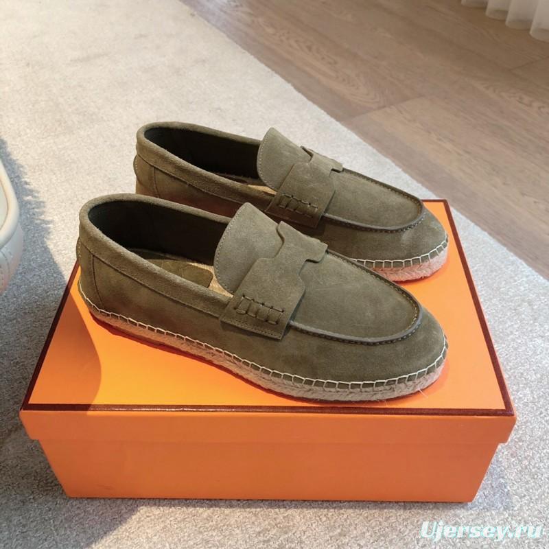 2025 Unisex Hermès Olive Suede Calfskin Loafers AS00380