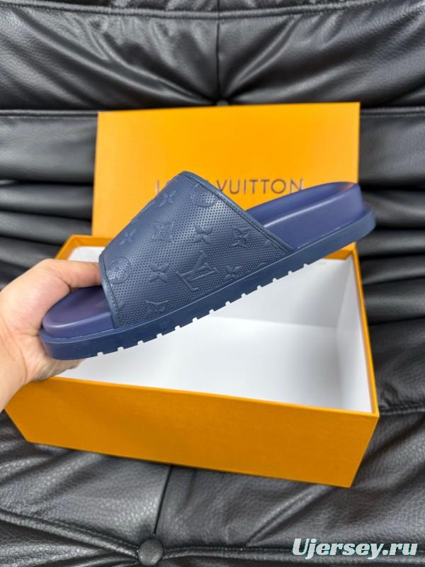 2025 Men Louis Vuitton Blue Leather Slippers AS00170