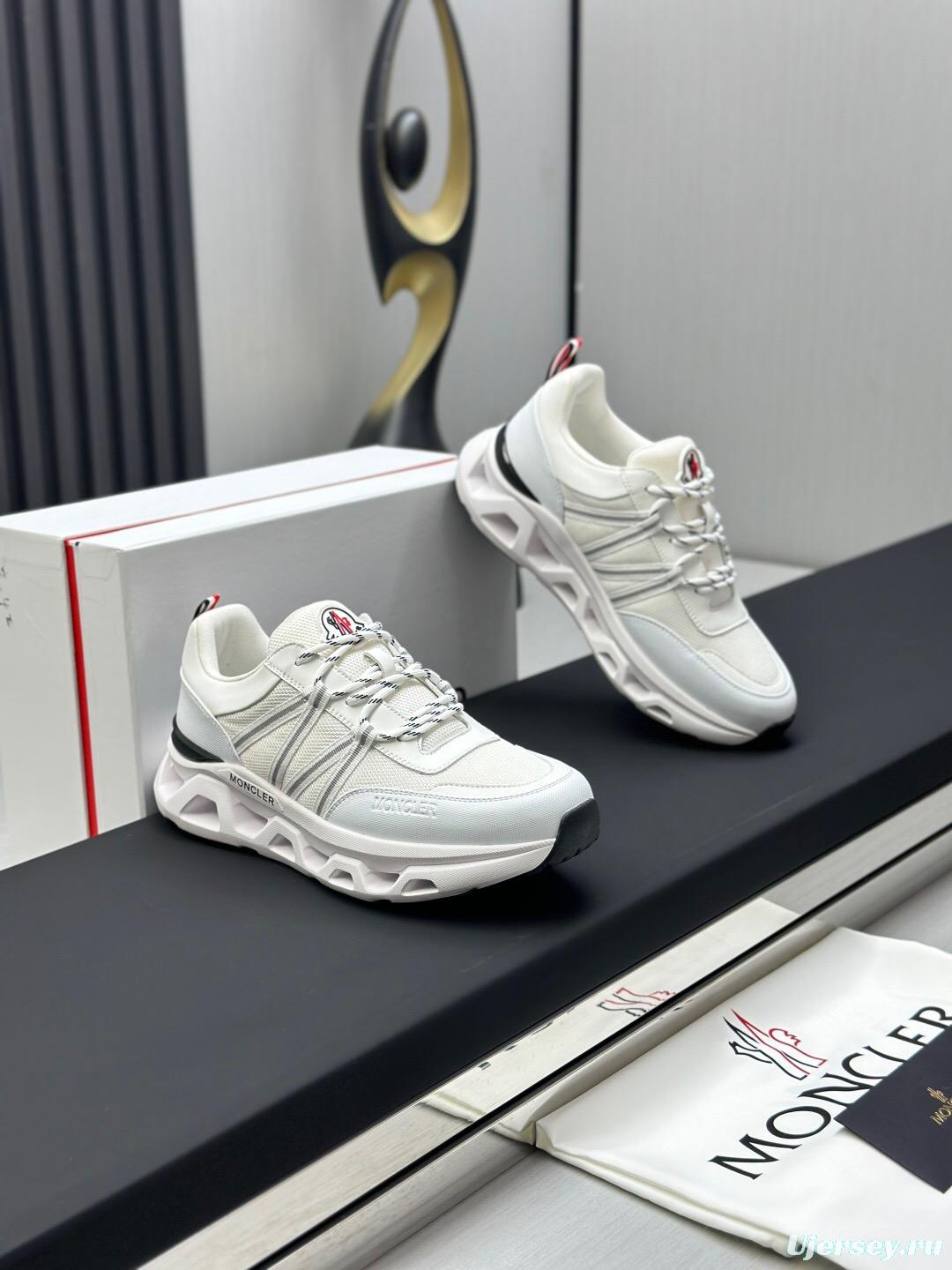 2025 Unisex Moncler White Black Synthetic Leather Outdoor Sneakers KFY00390