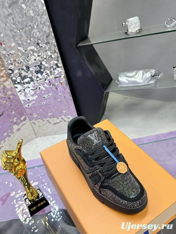 2025 Unisex Louis Vuitton Black Handmade Rhinestone Leather Fabric Plimsolls LV Trainer AS00400