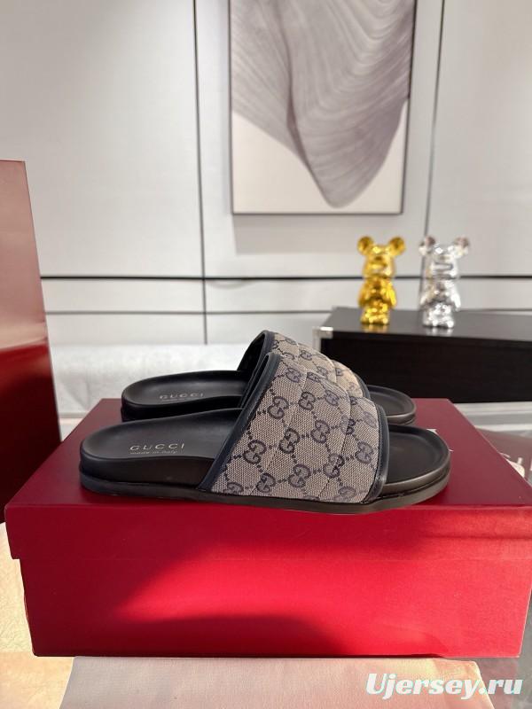 2025 Unisex Gucci Black Grey Fabric Slippers Double G Embossed AS00240
