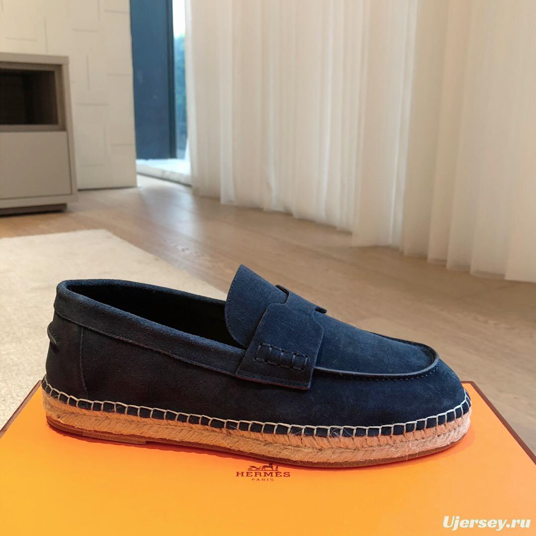 2025 Unisex Hermès Navy Blue Suede Calfskin Loafers AS00380