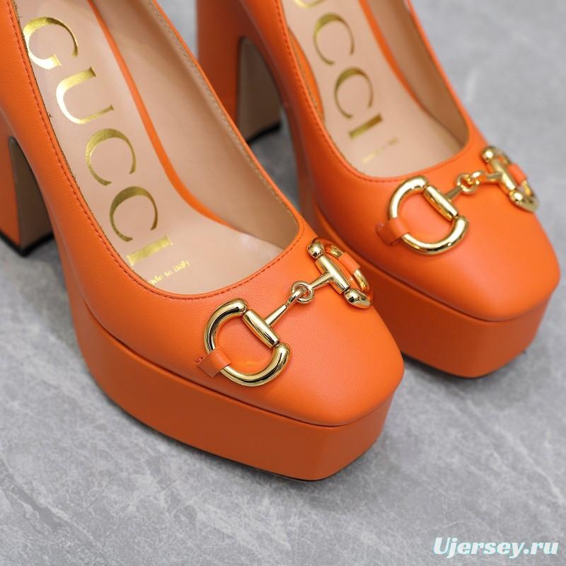 2025 Women Gucci Orange Leather Platform Pumps KFY00320