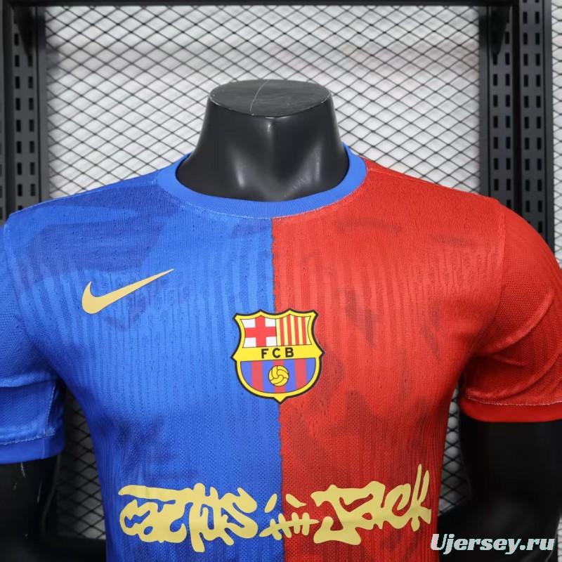 Player Version 25/26 Barcelona Travis Scott Blue with Red Half Split Jersey