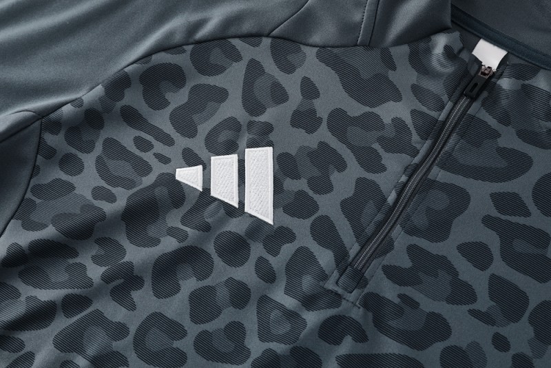 2025 Adidas Dark Grey & Black with Leopard Print Pattern and Orange Accents Half Zipper Jacket +Long Pants
