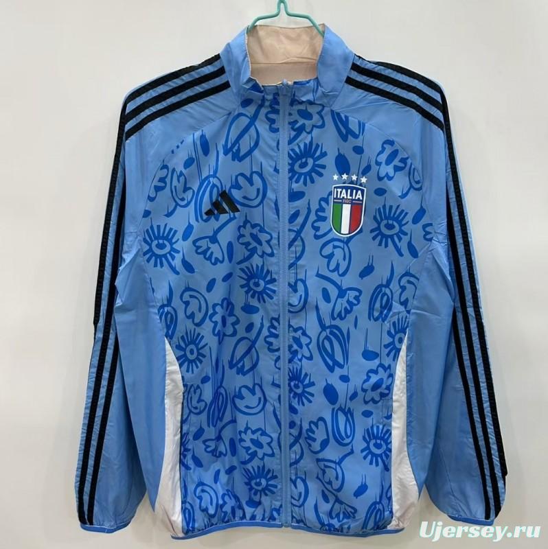 2025 Italy Light Blue/Beige with Floral Pattern Reversible Windbreaker