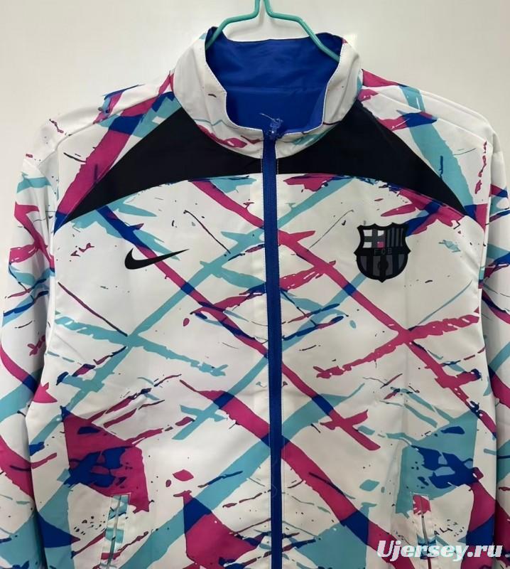25/26 FC Barcelona White with Pink & Teal Splash Pattern Windbreaker