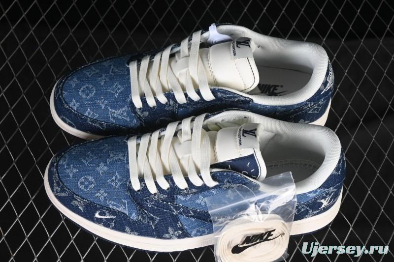Nike Travis Scott x Fragment Design x Air Jordan 1 Low OG SP AJ1 Low-top Casual Sneakers with Washed Denim Blue Print - XD0798-312