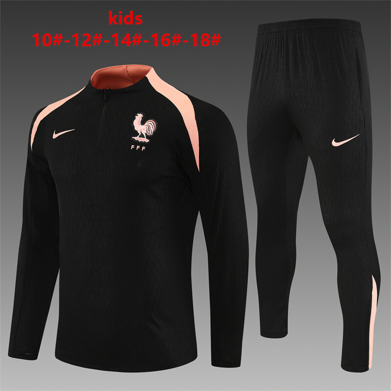 Player Version 25/26 Kids France Black Half Zipper Jacket+Long Pants