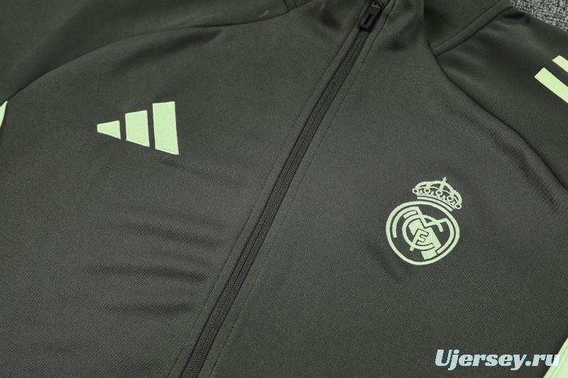 25/26 Real Madrid Dark Grey with Neon Green Stripes Half Zipper Jacket Tracksuit +Long Pants