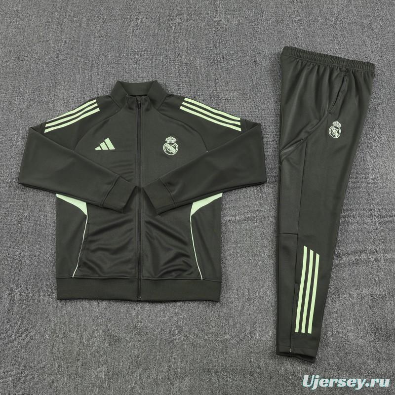 25/26 Real Madrid Dark Grey with Neon Green Stripes Half Zipper Jacket Tracksuit +Long Pants