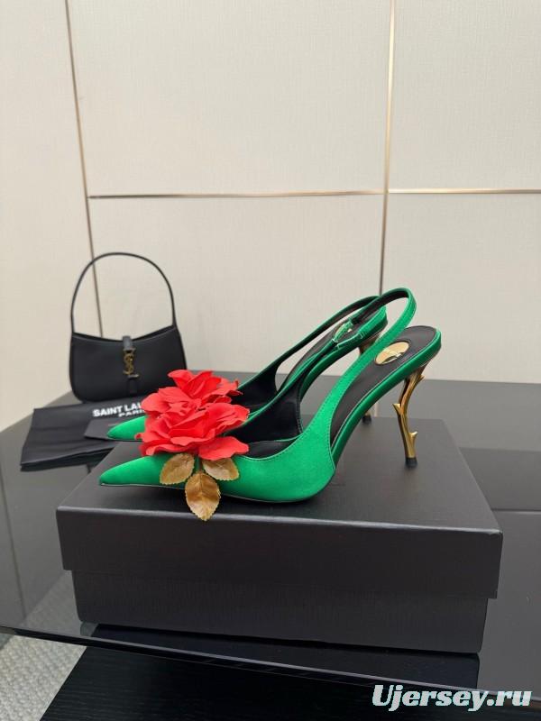 Saint Laurent 2025 Spring/Summer Rose Thorn High Heels with Sculptural Gold Heel - KFY00320