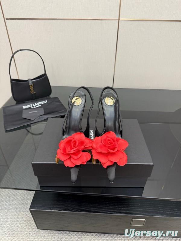 Saint Laurent 2025 SS Rose Thorn High Heels with Sculptural Gold Heel - KFY00320