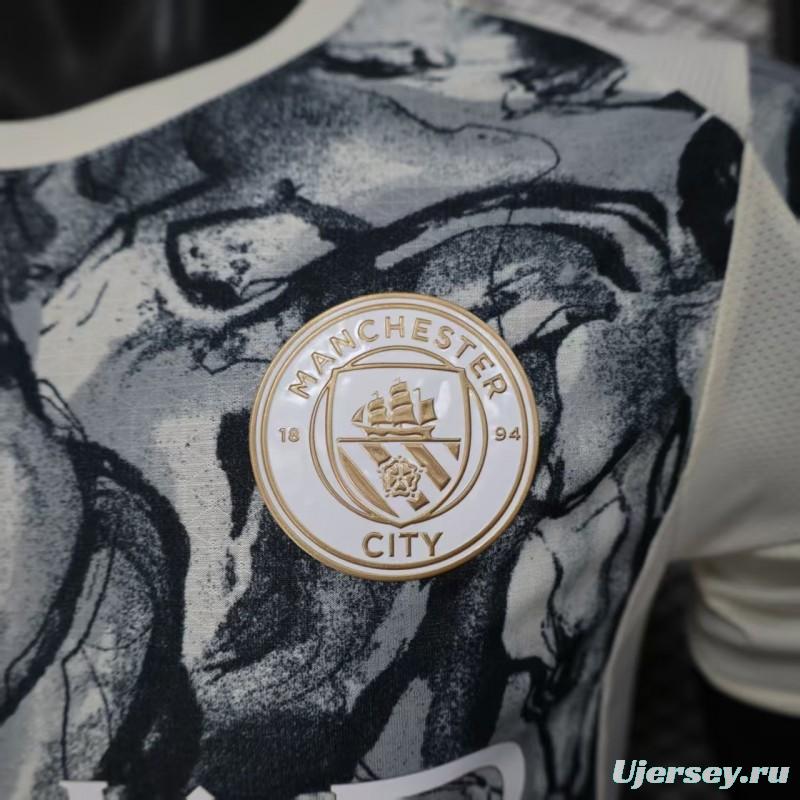 25/26 Player Version Manchester City White with Black Marble Abstract Art Pattern Jersey