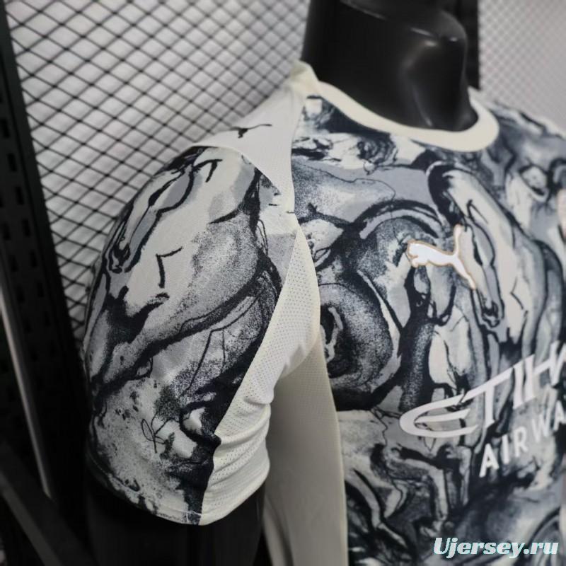 25/26 Player Version Manchester City White with Black Marble Abstract Art Pattern Jersey