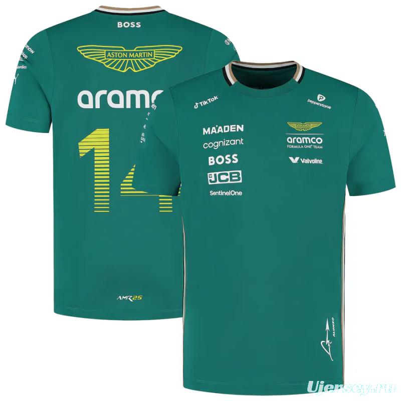 2025 F1 Aston Martin Aramco F1 Team Dark Green with Gold Trim Jersey #14  Aramco