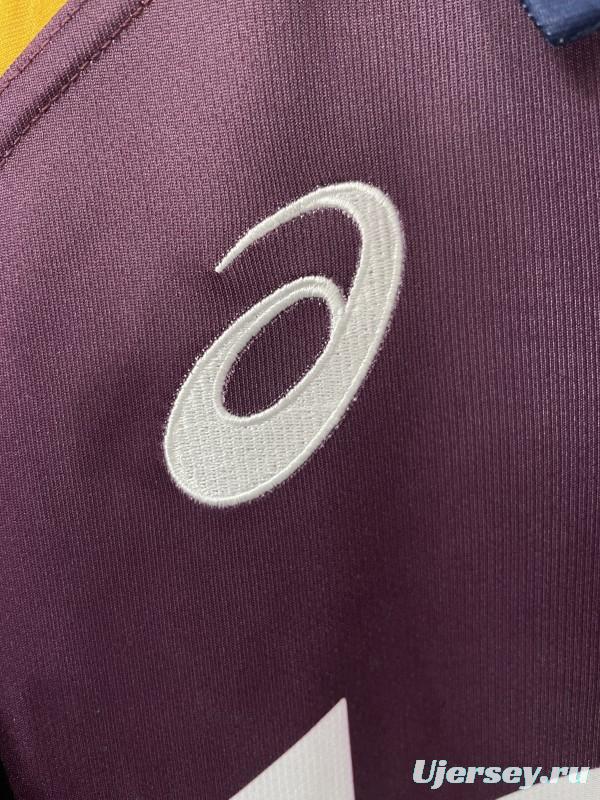 25/26 Brisbane Broncos Maroon with Blue Striped Sleeves and Gold Geometric Jersey